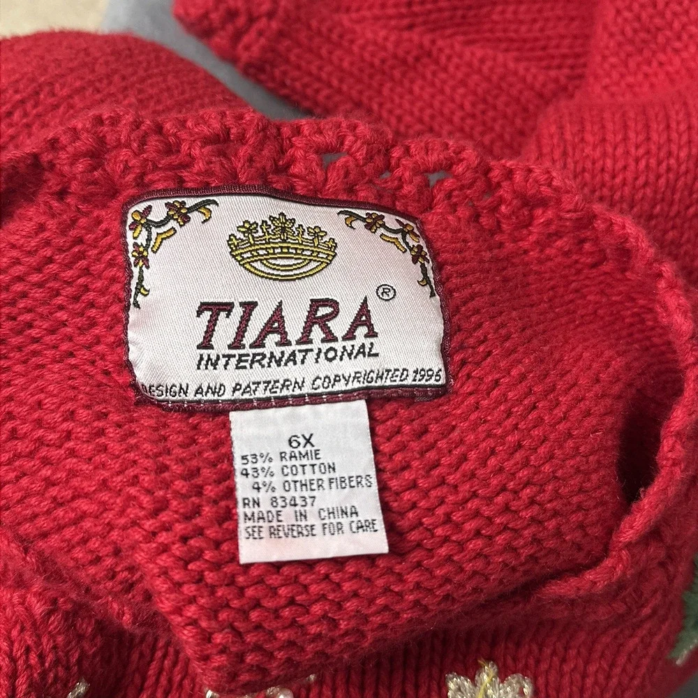 Vintage Tiara International Red Christmas Tree Sweater Girls Size 6X Embellished